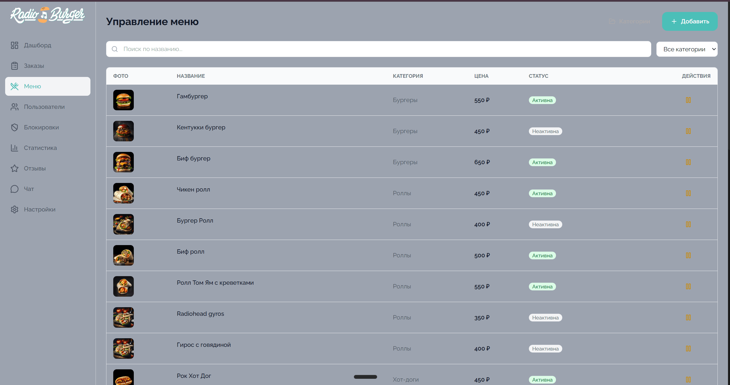 Управление меню