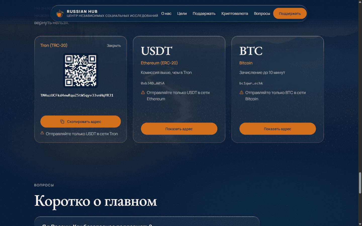 Карточка кошелька в обороте: QR-код, адрес, сеть